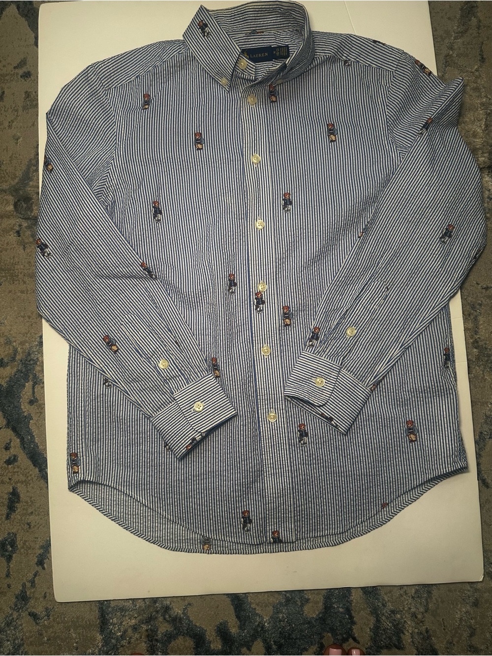 Ralph Lauren Blue and White Striped Embroidered Polo Bear Button-Down Shirt